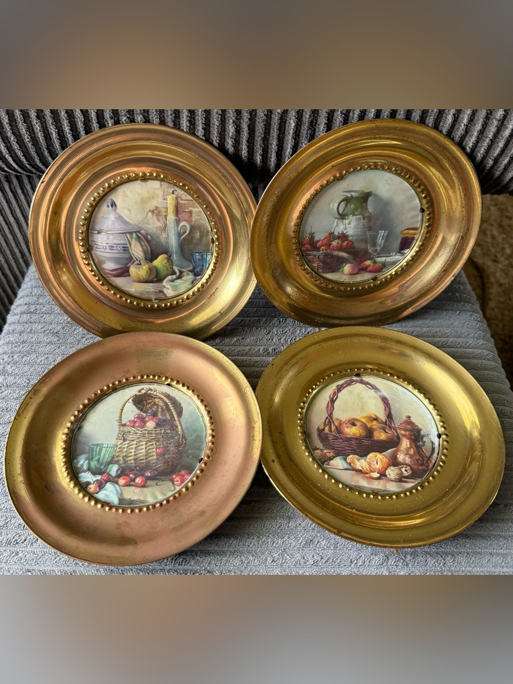 4 VTG Decorative Fruit Basket Wall Plates Mini Still Print Metal Frame England